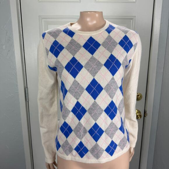 Lands End Women's Sweater S Cashmere Pullover Crew neck L/S Knit Argyle D4-25 - Picture 1 of 6